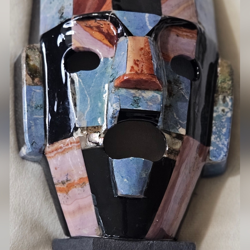 Vintage Large Aztec Inlay Mask Abalone Turquoise Onyx Jade Semiprecious Stones